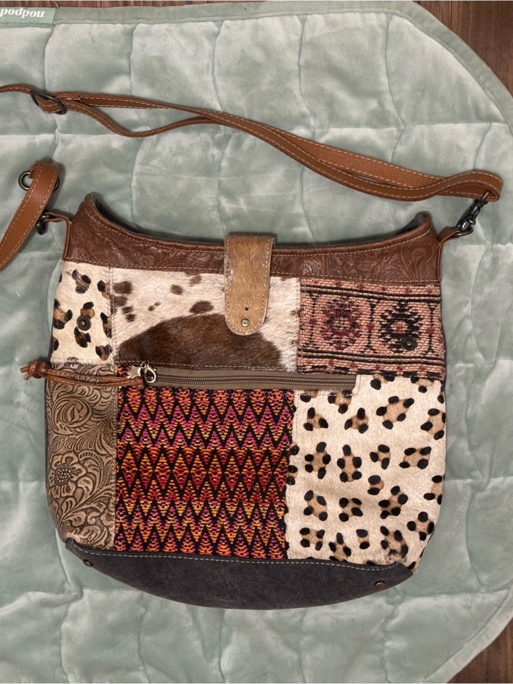 Myra Bag Patchwork Crossbody in Brown, Black, Cream and Tan
